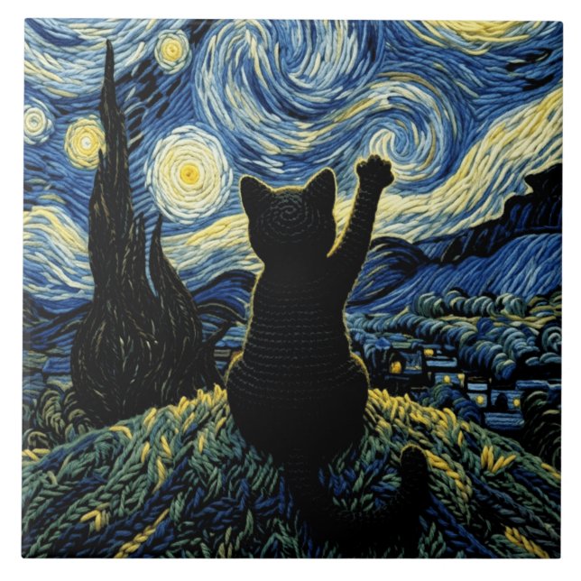 Cat Vangogh Starry Night Tile (Front)