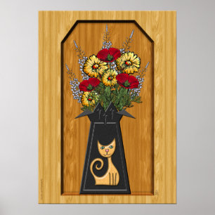 Cat Vase with Poppies and Mums in Wood Alcove Poster
