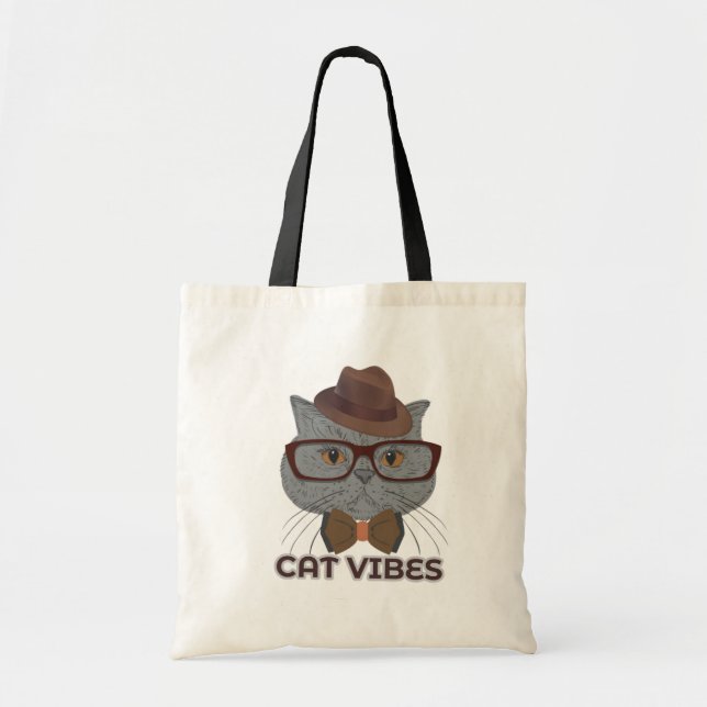 Cat Vibes – Cool Grey Cat Design Tote Bag (Front)