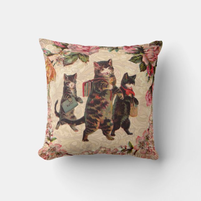 Cat Vintage Pretty Antique Kittens Cushion (Front)