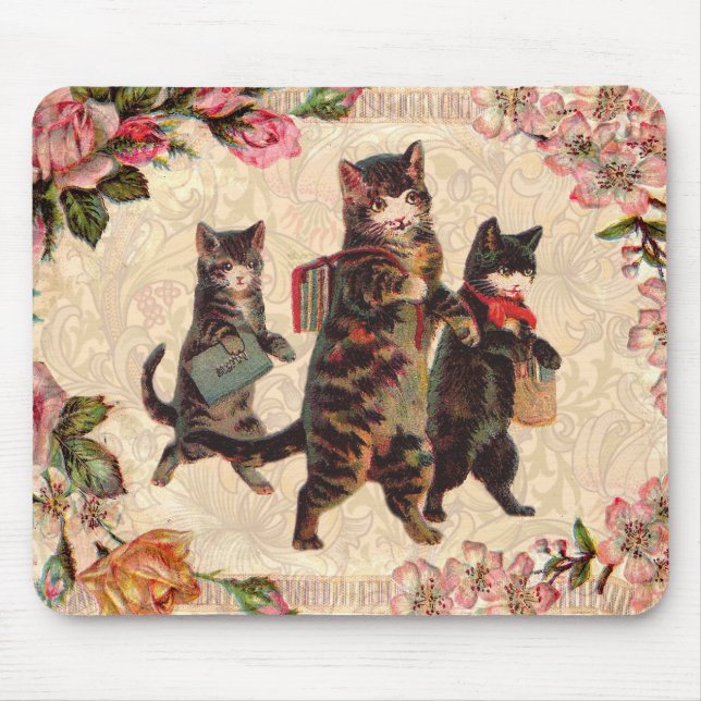 Cat Vintage Pretty Antique Kittens Mouse Mat (Front)