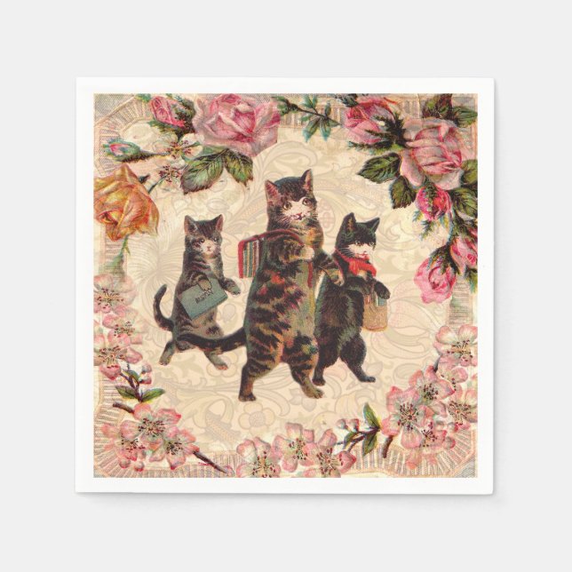 Cat Vintage Pretty Antique Kittens Napkin (Front)