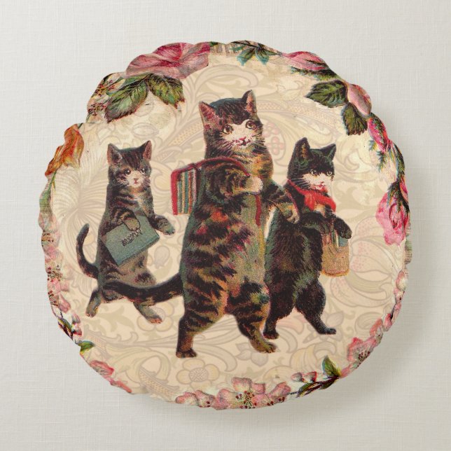 Cat Vintage Pretty Antique Kittens Round Cushion (Front)