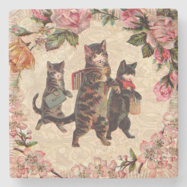 Cat Vintage Pretty Antique Kittens Stone Coaster (Front)