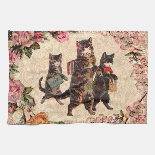 Cat Vintage Pretty Antique Kittens Tea Towel (Horizontal)