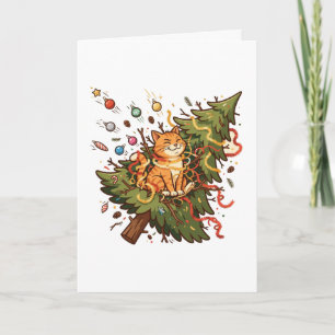 Cat vs Christmas Tree Funny Holiday Art Card