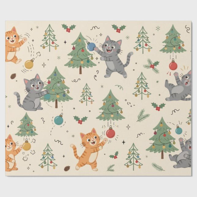 Cat vs Christmas Tree Funny Wrapping Paper (Flat)