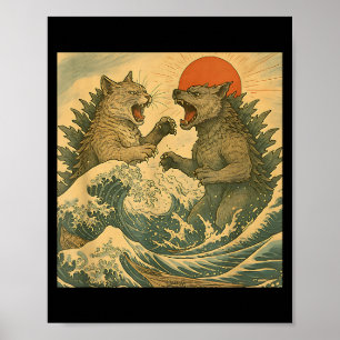 Cat Vs Dog Kaiju Monster Japanese Ukiyo-e Style Me Poster