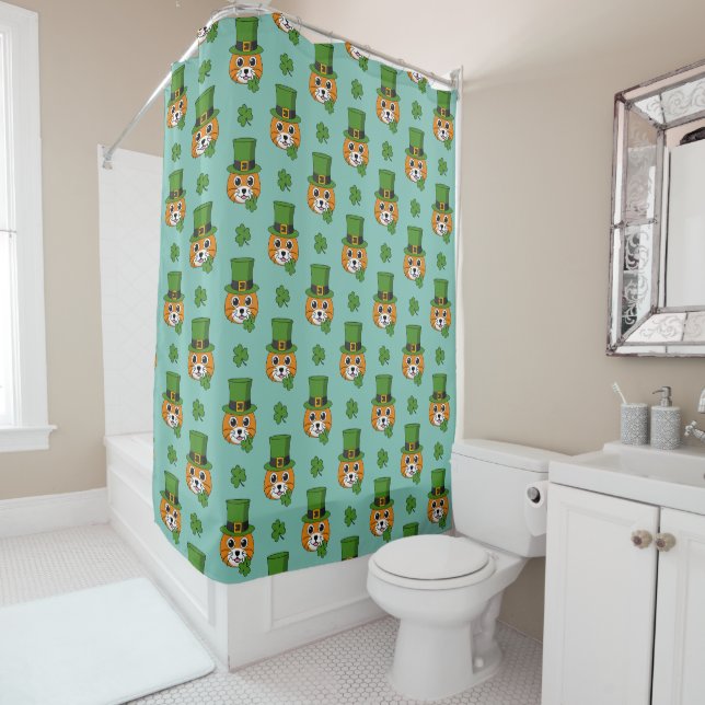 Cat w Green Hat and Shamrock St Patrick's Pattern Shower Curtain (In Situ)