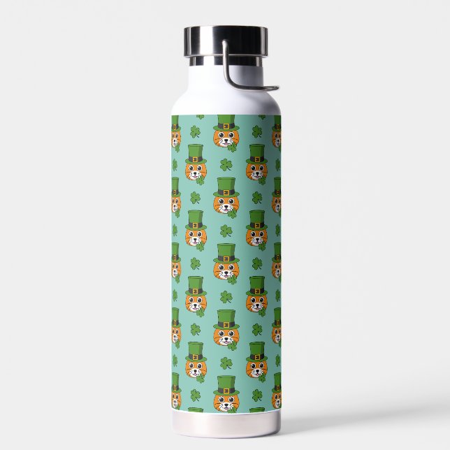 Cat w Green Hat and Shamrock St Patricks's Pattern Water Bottle (Left)