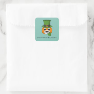 Cat w Hat and Shamrock St Patrick's Personalise Square Sticker