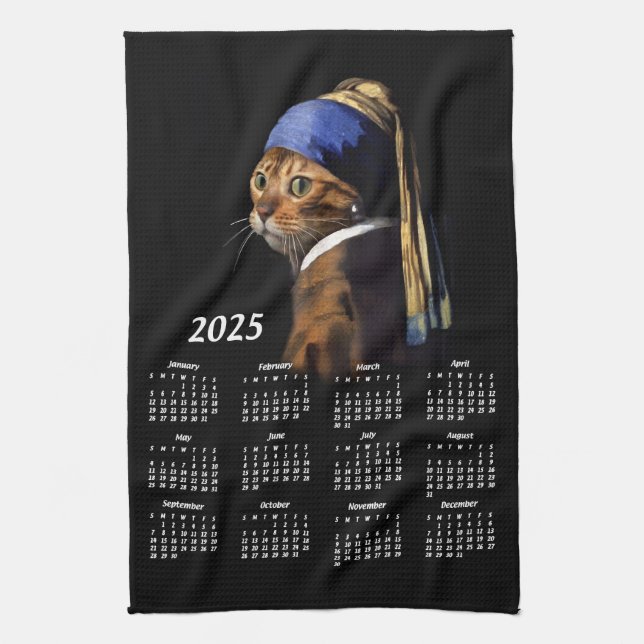 Cat w/Pearl Earring Vermeer Painting 2025 Calendar Tea Towel (Vertical)