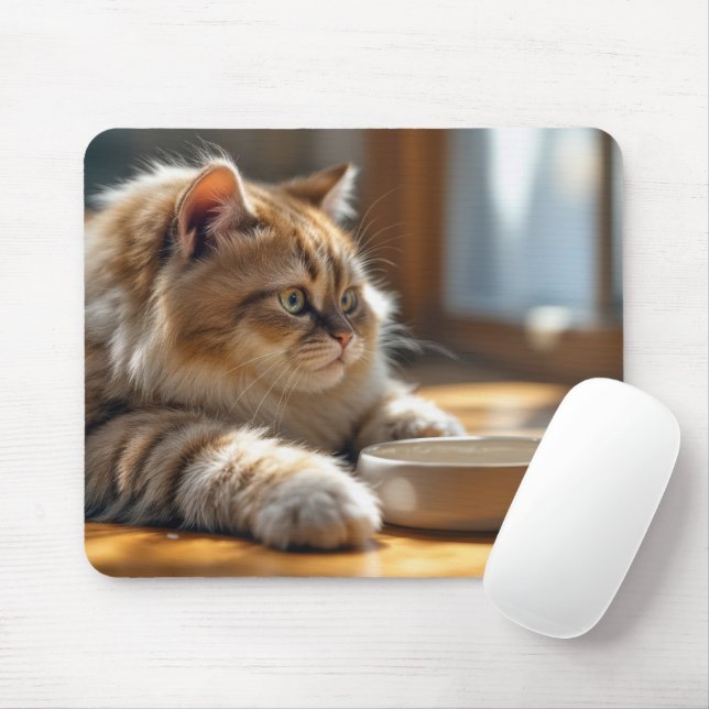 Cat Waiting By an Empty Food Dish Mouse Mat (With Mouse)