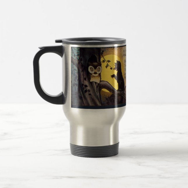 Cat Warning Owl Halloween Coffee Mug (Left)