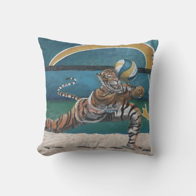 Cat Warrior Playing Beach Volleyball Throw Pillow (Front)