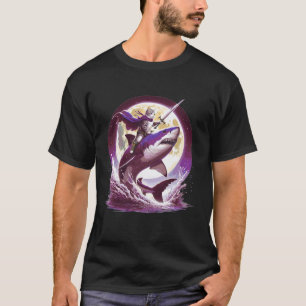 Cat Warrior Riding Shark Funny Cat with Sword Meme T-Shirt