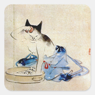 Cat wash her body, Utagawa Hiroshige Square Sticker