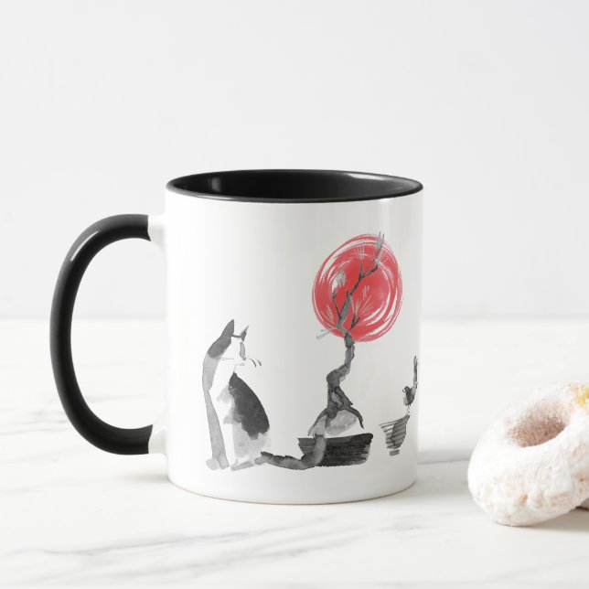 Cat watching bird and Buddha quote Mug (With Donut)