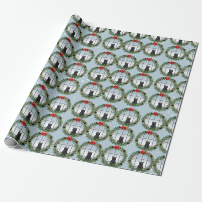 Cat Watching Birds Christmas Wreath Wrapping Paper (Unrolled)