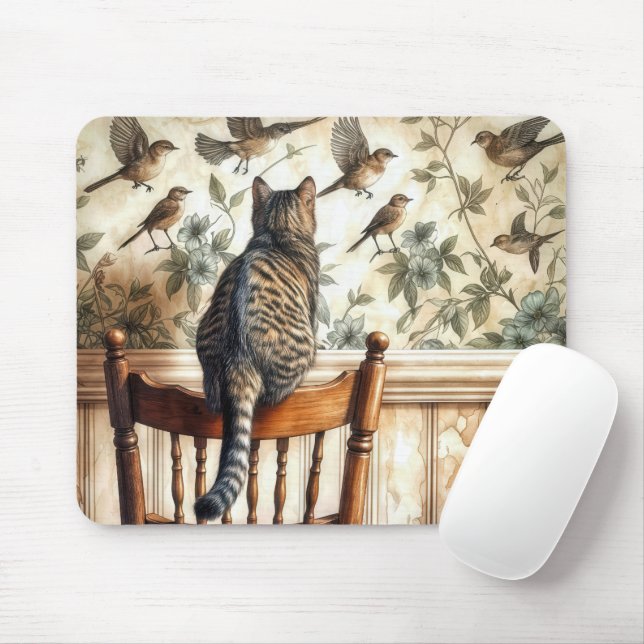 Cat Watching Birds On Wallpaper Mouse Mat (With Mouse)