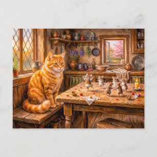 Cat Watching Mice Dance in Kitchen Postcard