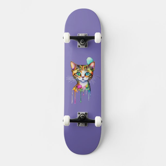 Cat Watercolor Colourful Skateboard (Front)