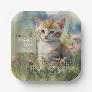 Cat Watercolor Flowers 80th Birthday Paper Plate