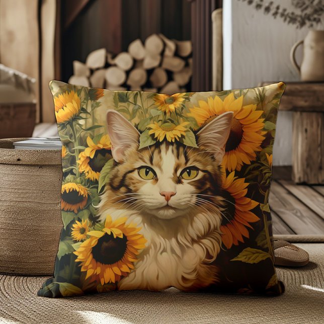 Cat Watercolor Sunflowers Floral Painting Cushion (Cat and sunflowers decorator pillow)