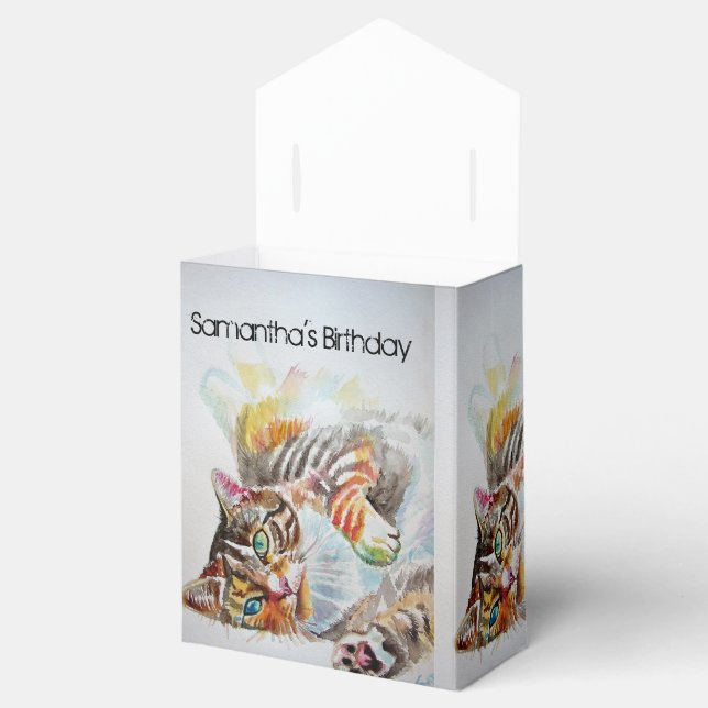 Cat Watercolour Birthday Party Cake Favor Box (Opened)