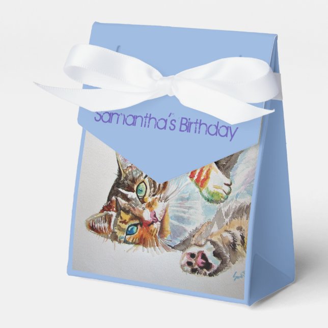 Cat Watercolour Birthday Party Cake Favour Box (Front Side)