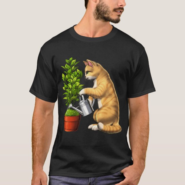 Cat Watering Plants T-Shirt (Front)