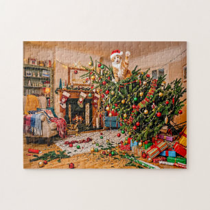 Cat Waving From Christmas Tree Jigsaw Puzzle