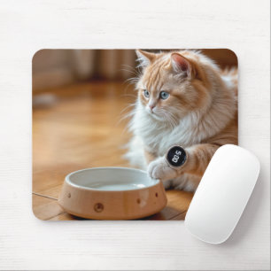 Cat Wearing a Digital Watch By Food Bowl Mouse Mat