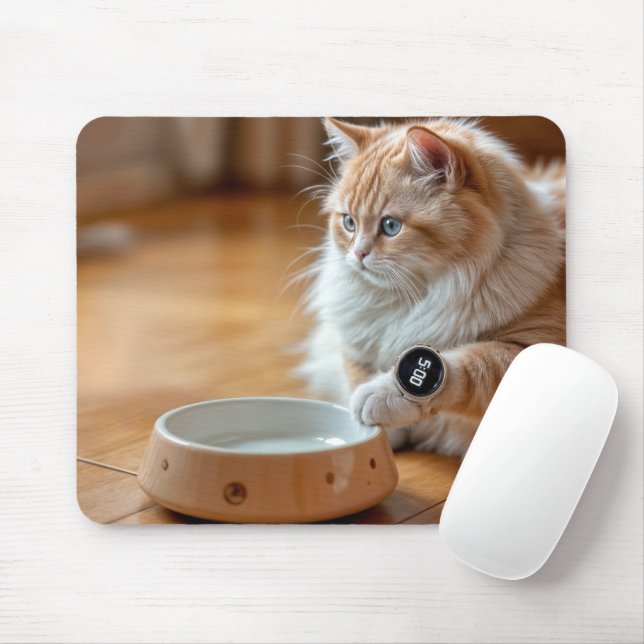 Cat Wearing a Digital Watch By Food Bowl Mouse Mat (With Mouse)