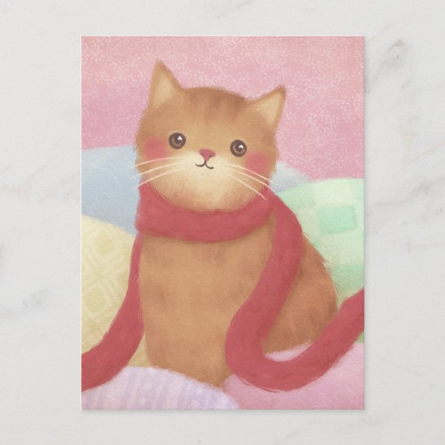Cat Wearing A Red Scarf Illustration Postcard (Front)