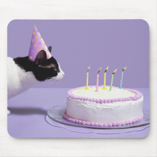 Cat wearing birthday hat blowing out candles mouse mat (Front)