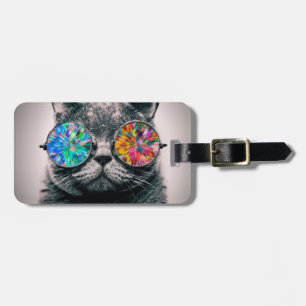 Cat wearing coloured glasses luggage tag
