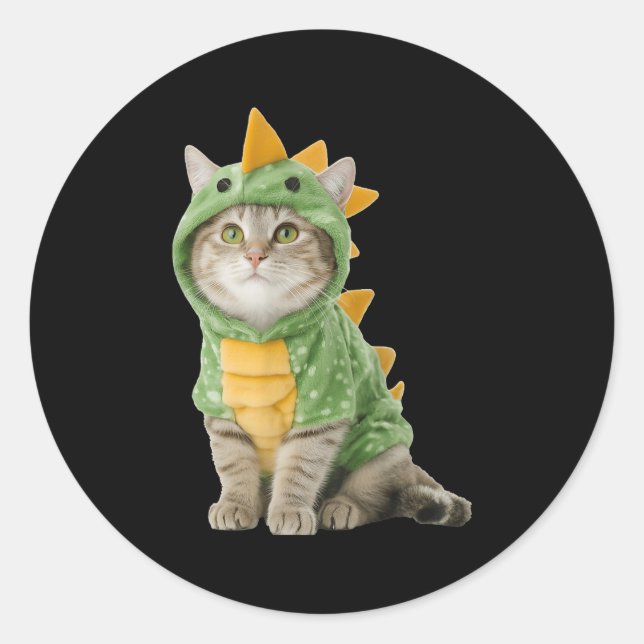 Cat Wearing Dino Dinosaur Costume Funny Halloween  Classic Round Sticker (Front)