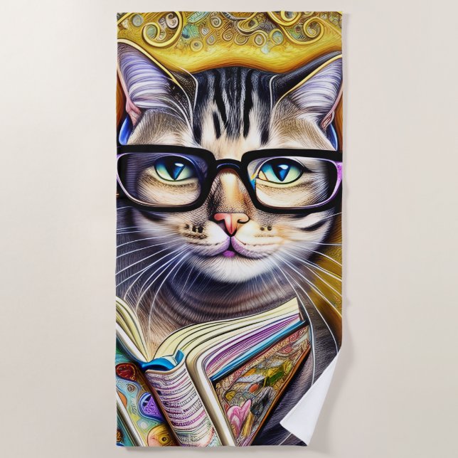 Cat Wearing Glasses Holding a Book Artwork Beach Towel (Front)