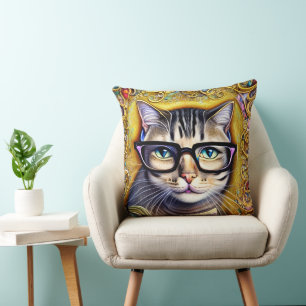 Cat Wearing Glasses Holding a Book Artwork Cushion