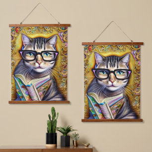 Cat Wearing Glasses Holding a Book Artwork Hanging Tapestry