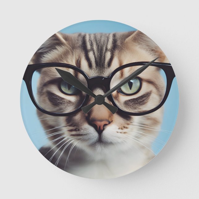 Cat Wearing Glasses Round Clock (Front)