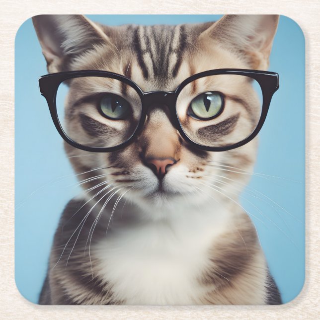 Cat Wearing Glasses Square Paper Coaster (Front)