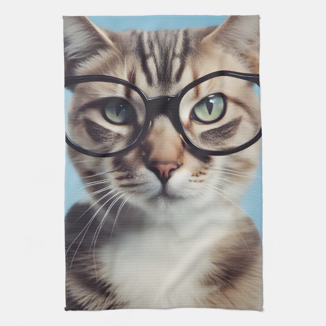 Cat Wearing Glasses Tea Towel (Vertical)