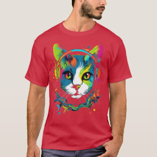 Cat wearing headphones colourful illustration T-Shirt