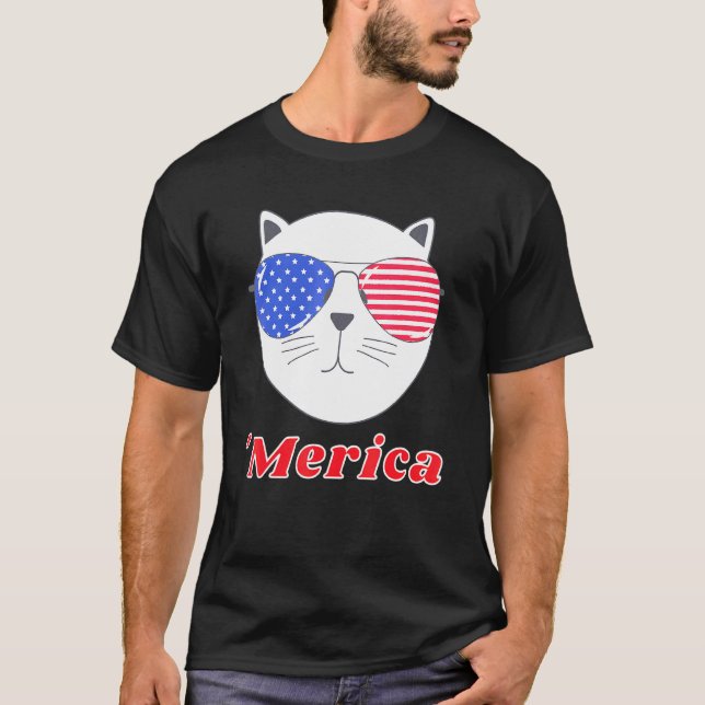 Cat Wearing Merica Sunglasses 4th Of July American T-Shirt (Front)