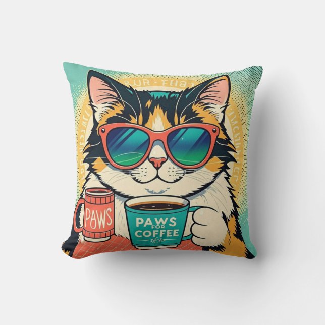 Cat wearing oversized sunglasses, holding a coffee cushion (Front)