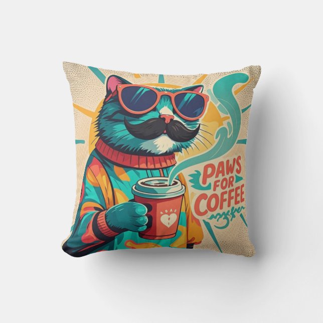 Cat wearing oversized sunglasses, holding a coffee cushion (Front)