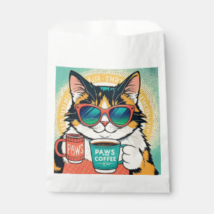 Cat wearing oversized sunglasses, holding a coffee favour bags