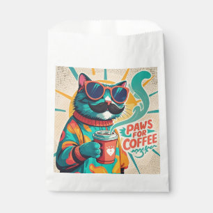 Cat wearing oversized sunglasses, holding a coffee favour bags